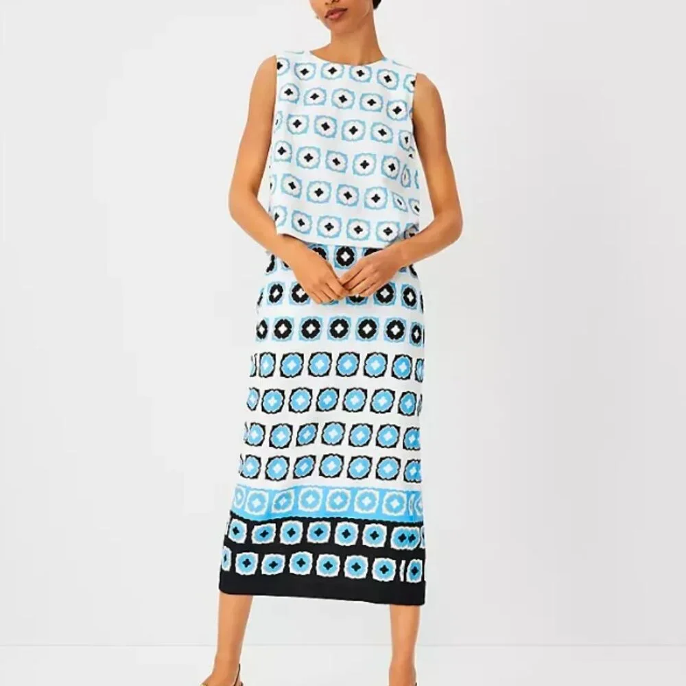 Ann Taylor Cerulean Blue Geometric Tile Print Midi Pencil Skirt Blk Wh Career 4P
